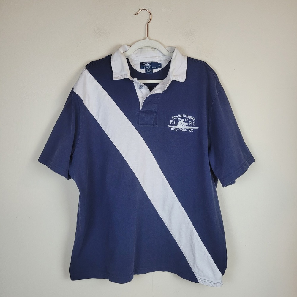 Vintage Polo Ralph Lauren Rugby Shirt XL Blue White Rowing Preppy Heritage Ivy